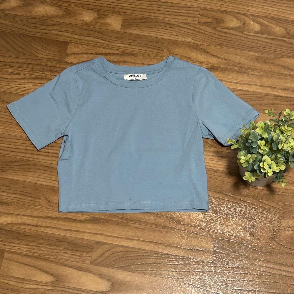 Spring Blue COTTON SHORT SLEEVE ROUND NECK CROPPED TOP